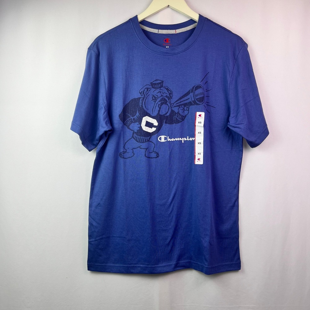 Champion Bulldog Graphic T Shirt Mens XS Blue Logo Athletic Streetwear Cotton